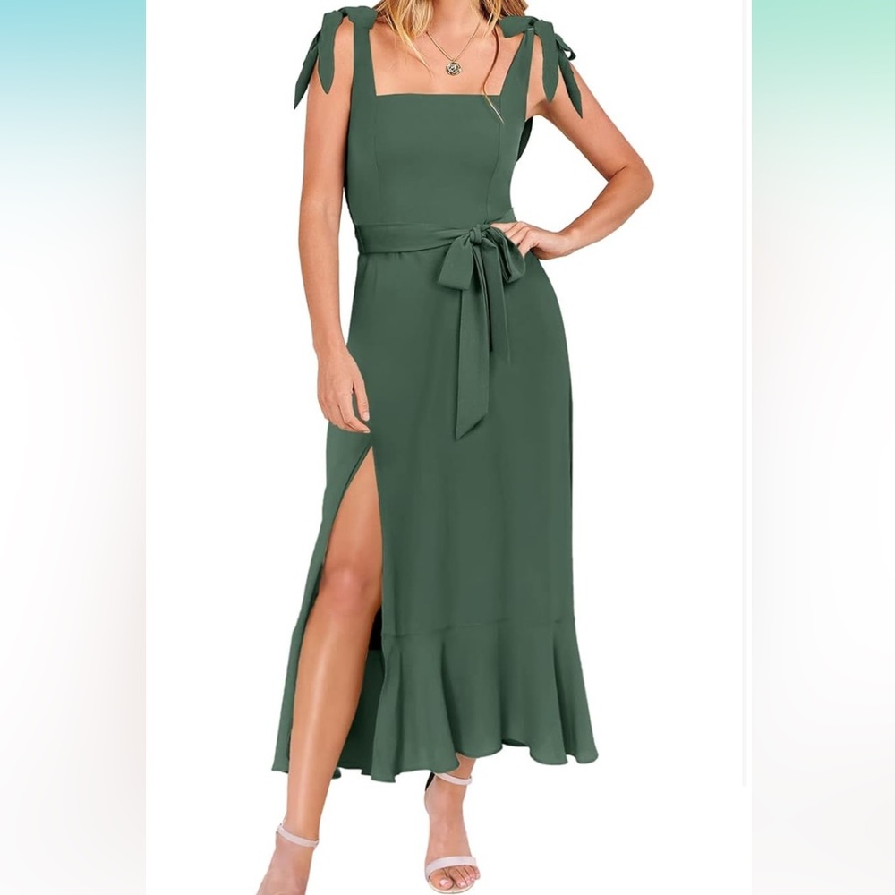 Caracilia Square Neck Ruffle Split Midi Green Dress Small